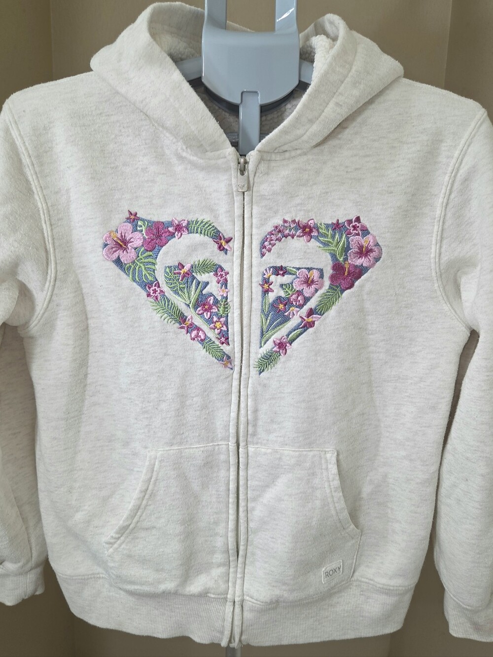 Roxy Cream Zip Hoodie with Floral Heart Motif